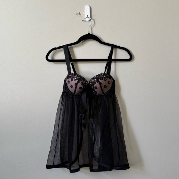 Victoria’s Secret black sheer mesh babydoll lingerie floral rhinestone bra - Picture 1 of 5